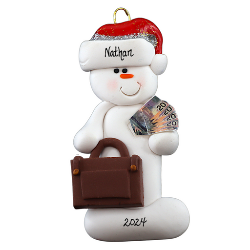 Ornament of white snowman in red hat holding a briefcase and paper bills, personalized with name.