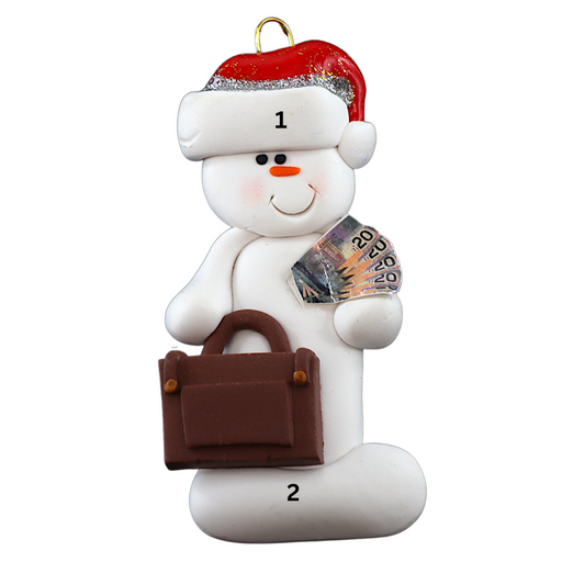 Ornament of white snowman in red hat holding a briefcase and paper bills, numbered 1-2 for personalization.