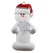 Ornament of white snowman in red hat holding large plastic diamond.