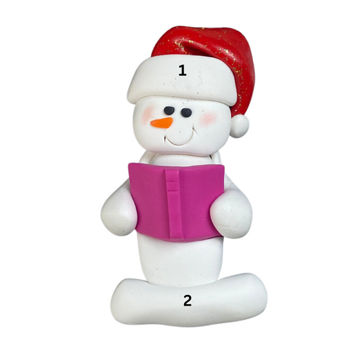 Ornament of white snowman in red hat holding a pink book, numbered 1-2 for personalization.