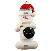 Ornament of white snowman in red hat holding a black bowling ball and pin, personalized with name.
