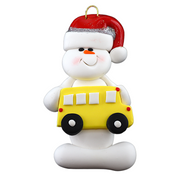 Ornament of white snowman in red hat holding a yellow school bus.