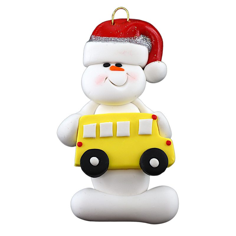 Ornament of white snowman in red hat holding a yellow school bus.