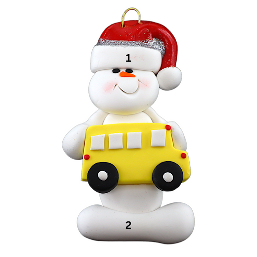 Ornament of white snowman in red hat holding a yellow school bus, numbered 1-2 for personalization.