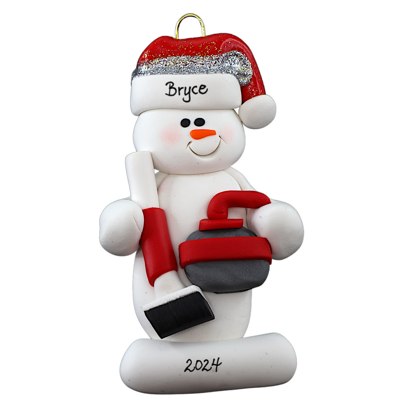 Ornament of white snowman in red hat holding red curling stone and broom, personalized with name.