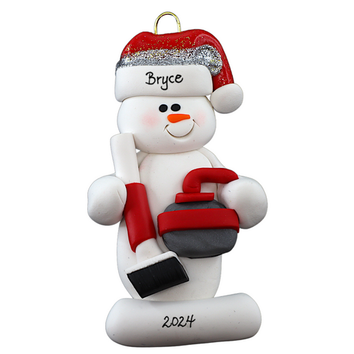 Ornament of white snowman in red hat holding red curling stone and broom, personalized with name.