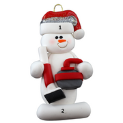 Ornament of white snowman in red hat holding red curling stone and broom, numbered 1-2 for personalization.