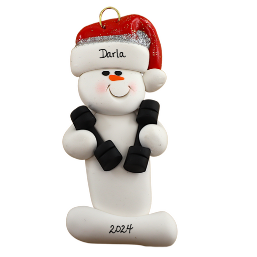 Ornament of white snowman in red hat carrying two dumbbells, personalized with name.