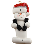 Ornament of white snowman in red hat carrying two dumbbells, numbered 1-2 for personalization.
