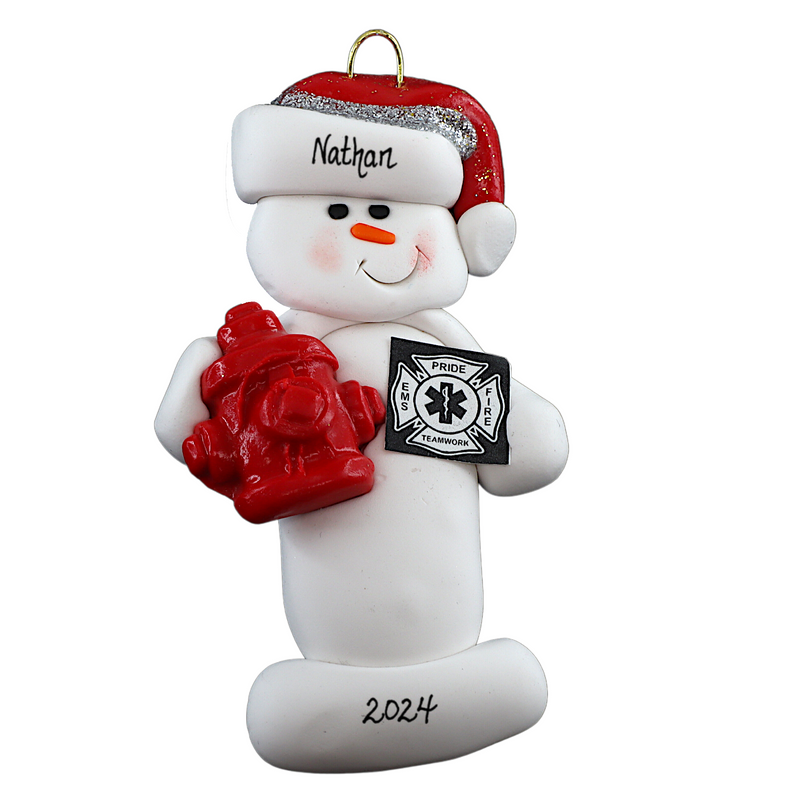 Ornament of white snowman in red hat holding a fire hydrant and firefighter badge, personalized with name.