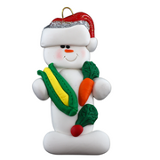 Ornament of white snowman in red hat holding various colourful vegetables.