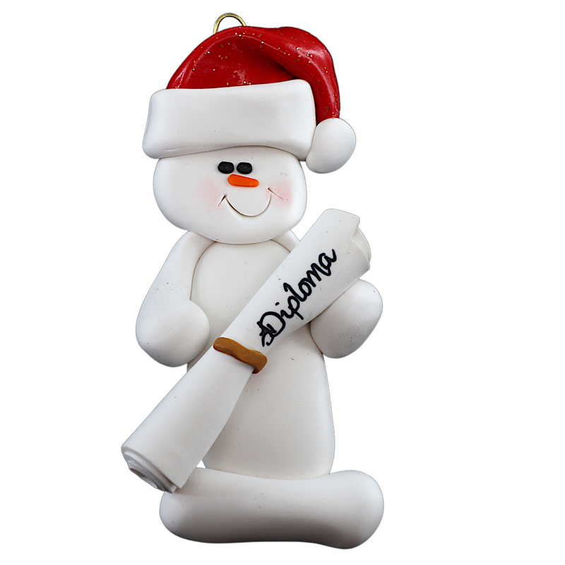 Ornament of white snowman in red hat holding a white diploma.