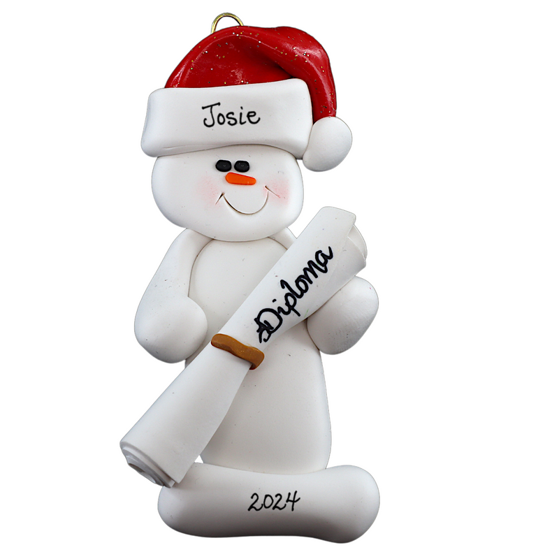 Ornament of white snowman in red hat holding a white diploma, personalized with name.