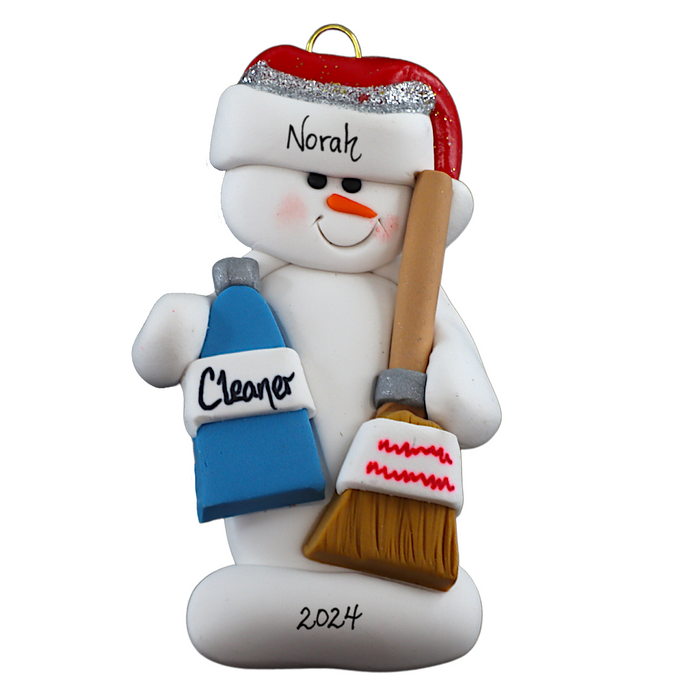 Ornament of white snowman in red hat holding a broom and bottle of cleaning solution, personalized with name.