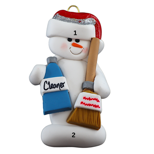Ornament of white snowman in red hat holding a broom and bottle of cleaning solution, numbered 1-2 for personalization.