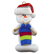 Ornament of white snowman in red hat holding an in-progress knitting project on knitting needles.