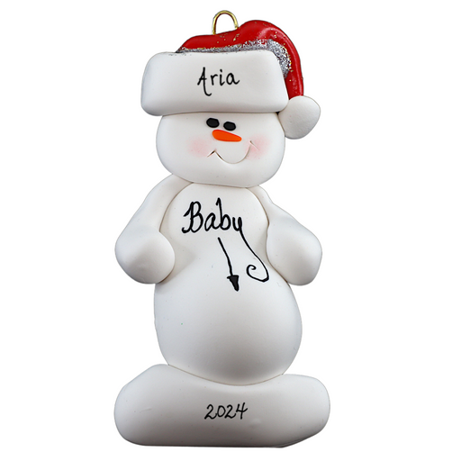 Ornament of white snowman in red hat with a round stomach that says “baby”, personalized with name.