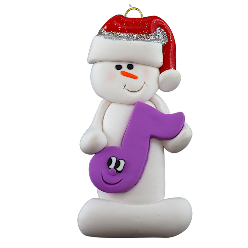 Ornament of white snowman in red hat holding a purple musical note.