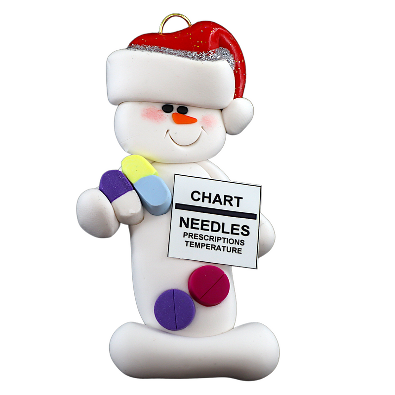 Ornament of white snowman in red hat holding various medications and a medical chart.