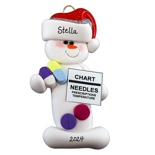 Ornament of white snowman in red hat holding various medications and a medical chart, personalized with name.