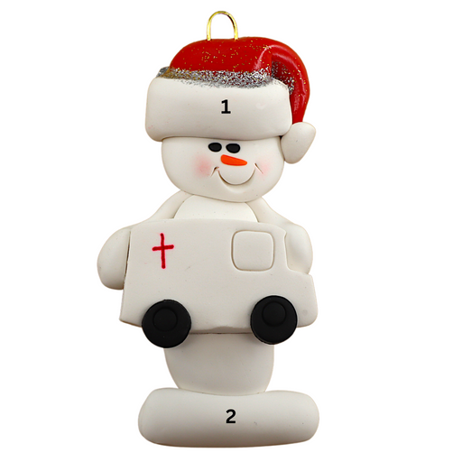 Ornament of white snowman in red hat holding a white ambulance, numbered 1-2 for personalization.
