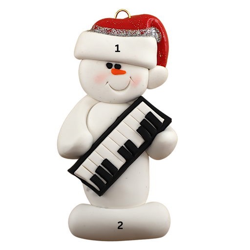 Ornament of white snowman in red hat holding a piano keyboard, numbered 1-2 for personalization.