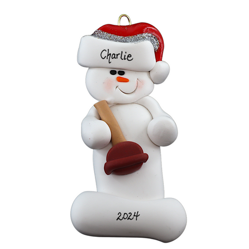 Ornament of white snowman in red hat holding a toilet plunger, personalized with name.
