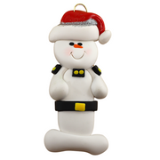 Ornament of white snowman in red hat wearing a striped police outfit.
