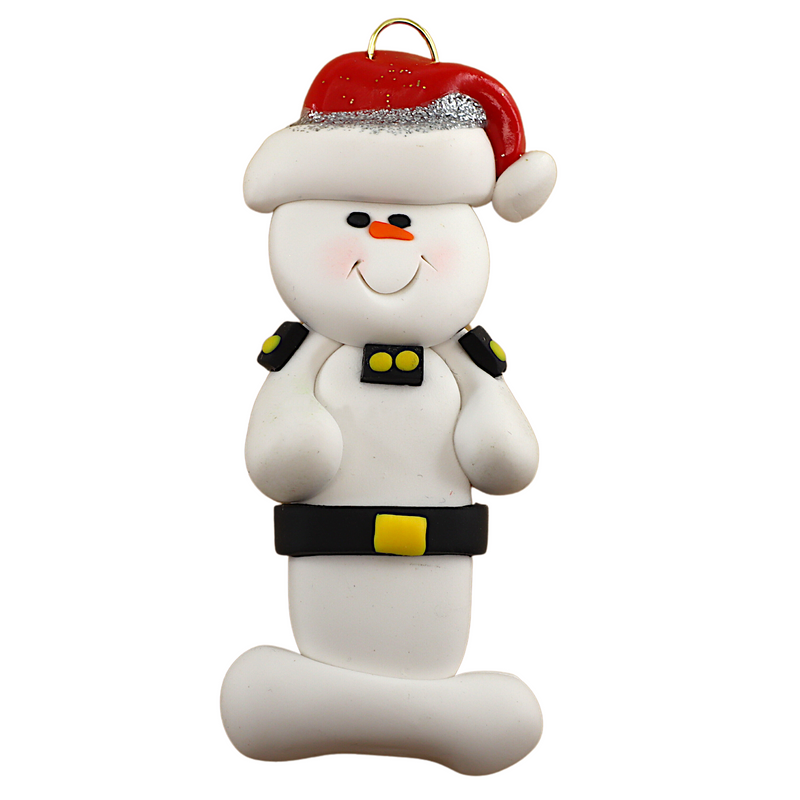 Ornament of white snowman in red hat wearing a striped police outfit.