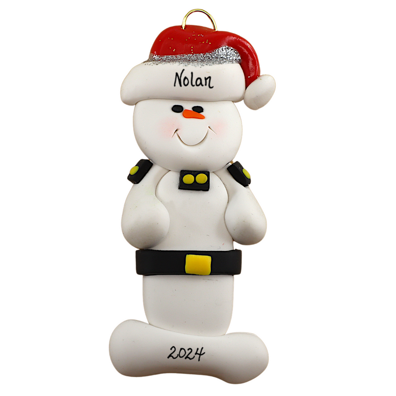 Ornament of white snowman in red hat wearing a striped police outfit, personalized with name.