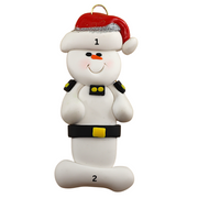 Ornament of white snowman in red hat wearing a striped police outfit, numbered 1-2 for personalization.