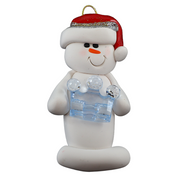 Ornament of white snowman in red hat holding a blue plastic crown.