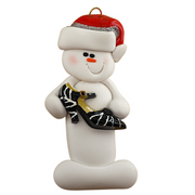 Ornament of white snowman in red hat holding a fancy shoe.