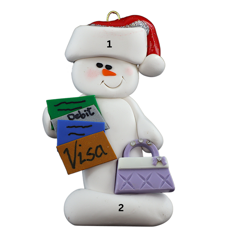 Ornament of white snowman in red hat holding a purse and various bank cards, numbered 1-2 for personalization.