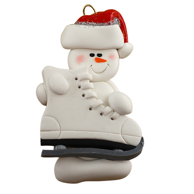 Ornament of white snowman in red hat holding a large white ice skate.