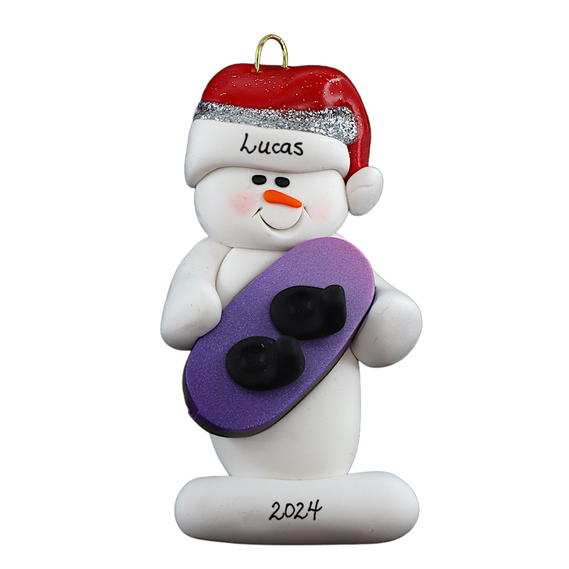 Ornament of white snowman in red hat holding a vibrant snowboard, personalized with name.