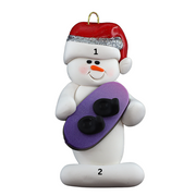 Ornament of white snowman in red hat holding a vibrant snowboard, numbered 1-2 for personalization.