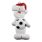 Ornament of white snowman in red hat holding a soccer ball, numbered 1-2 for personalization.