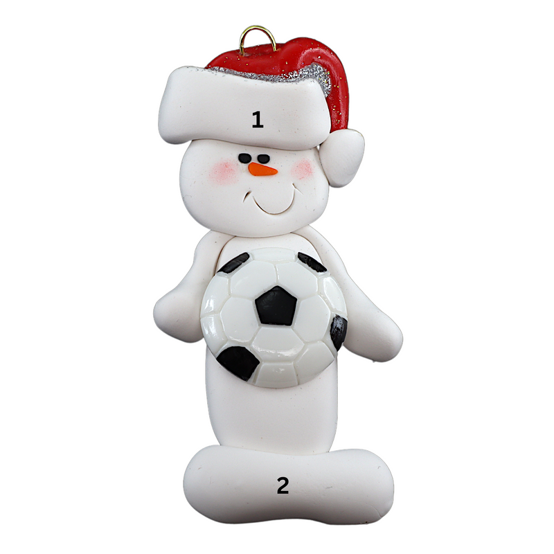 Ornament of white snowman in red hat holding a soccer ball, numbered 1-2 for personalization.