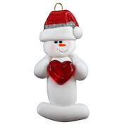 Ornament of white snowman in red hat holding a shiny red heart.