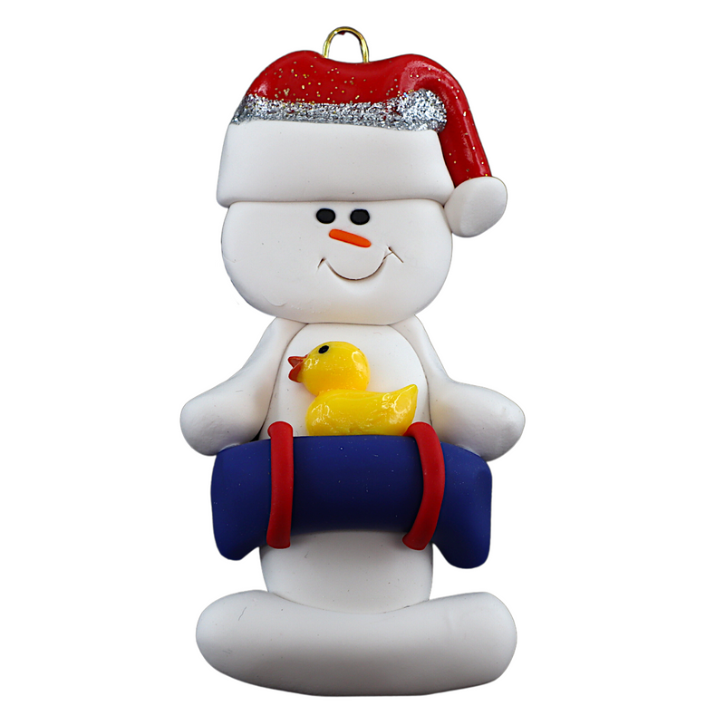 Ornament of white snowman in red hat holding a blue inflatable tube and yellow duck.