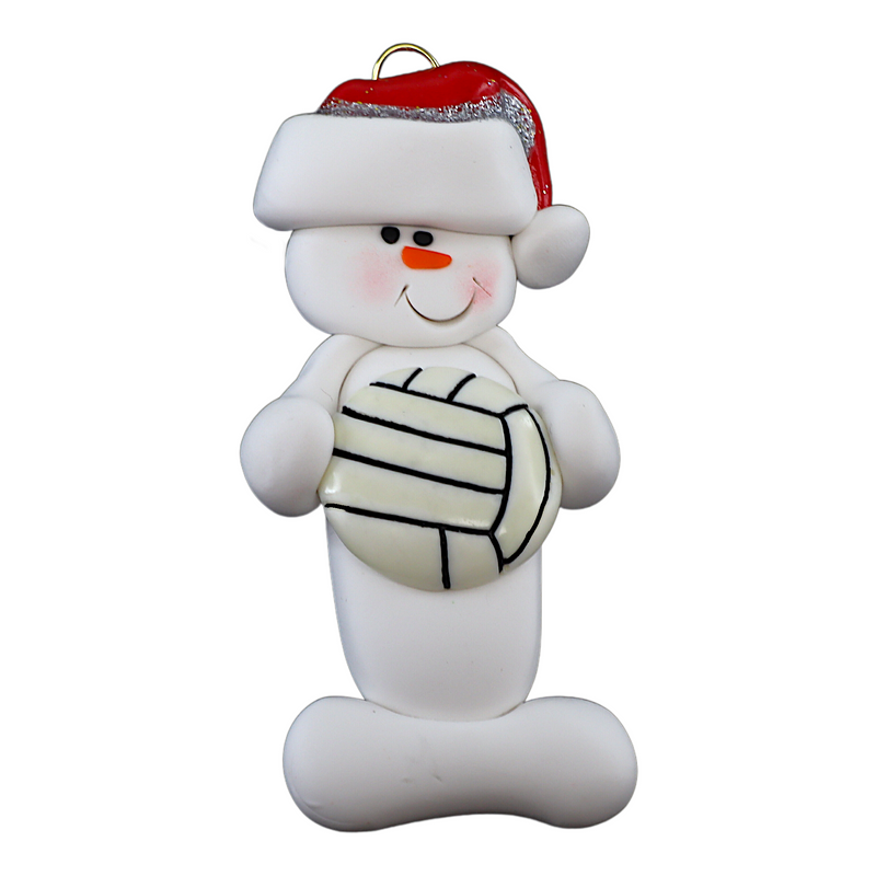 Ornament of white snowman in red hat holding a volleyball.