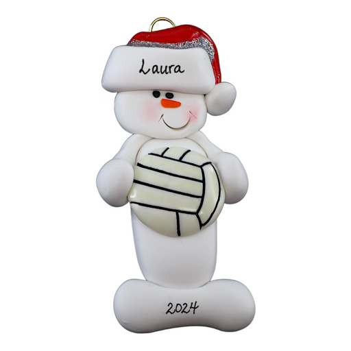 Ornament of white snowman in red hat holding a volleyball, personalized with name.