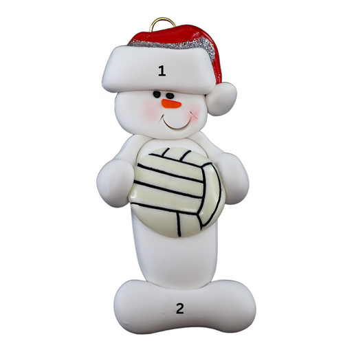 Ornament of white snowman in red hat holding a volleyball, numbered 1-2 for personalization.