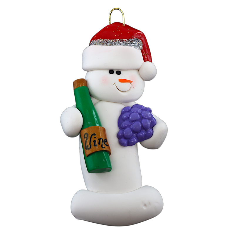 Ornament of white snowman in red hat holding a cluster of grapes and a wine bottle.