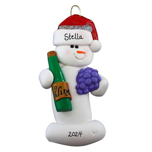 Ornament of white snowman in red hat holding a cluster of grapes and a wine bottle, personalized with name.