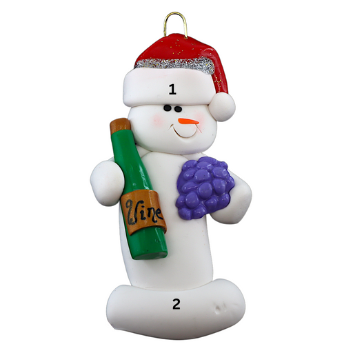Ornament of white snowman in red hat holding a cluster of grapes and a wine bottle, numbered 1-2 for personalization.