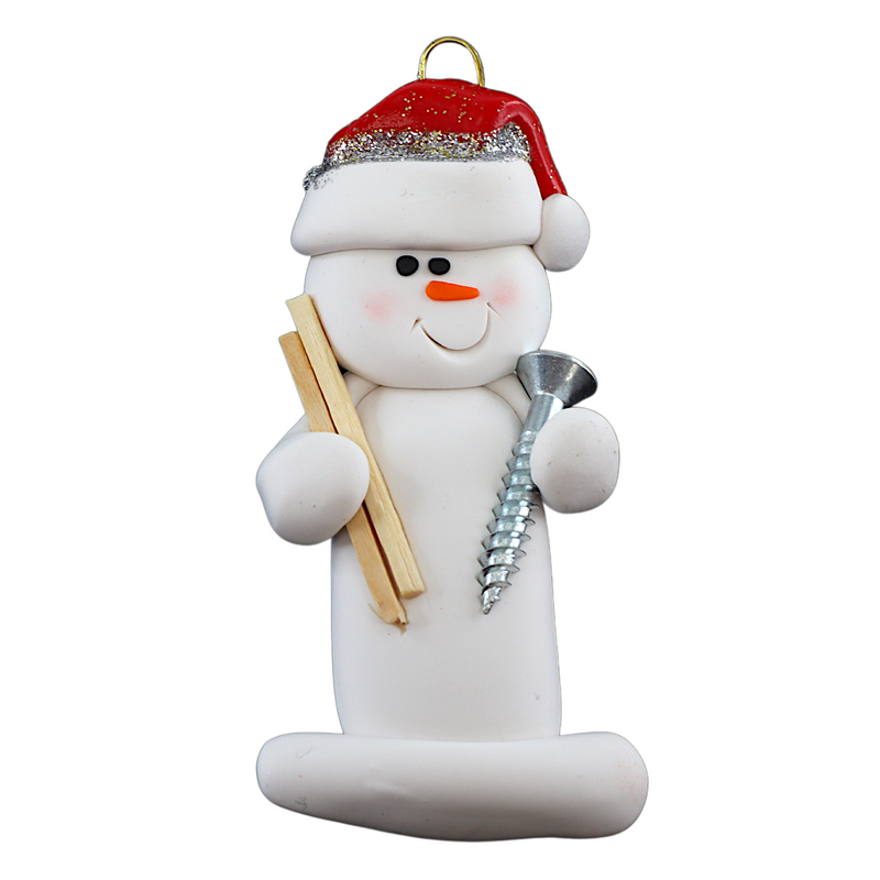 Ornament of white snowman in red hat holding a piece of wood and a screw.