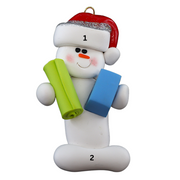 Ornament of white snowman in red hat holding vibrant yoga mat and block, numbered 1-2 for personalization.