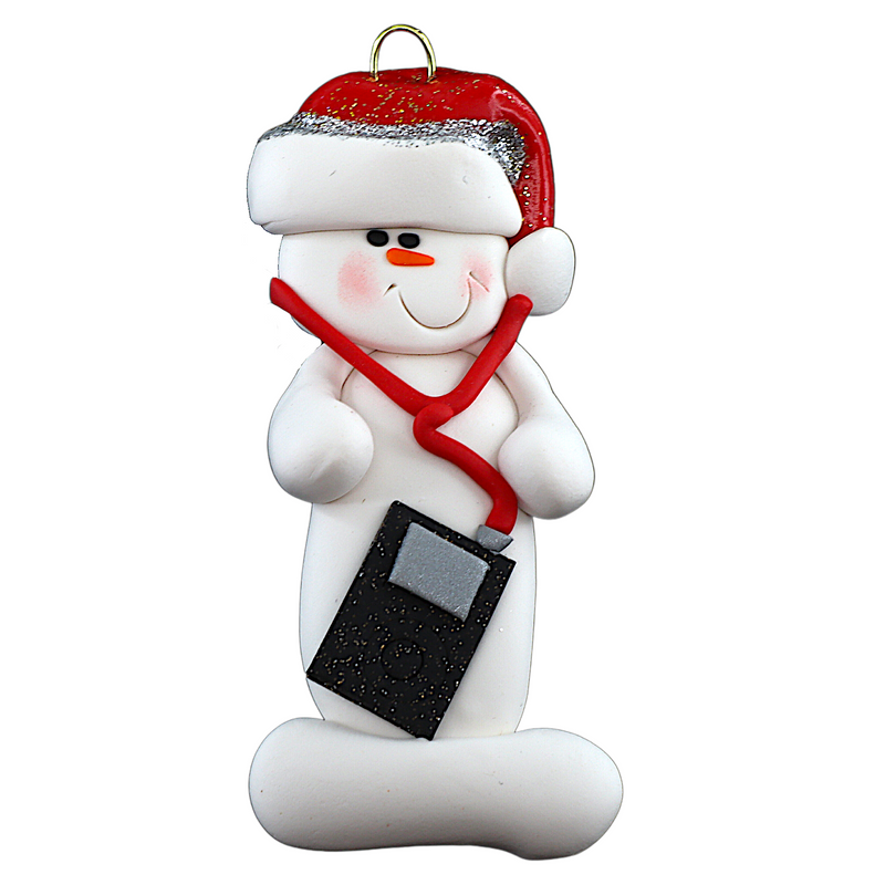 Ornament of white snowman in red hat holding an i-pod with headphones.